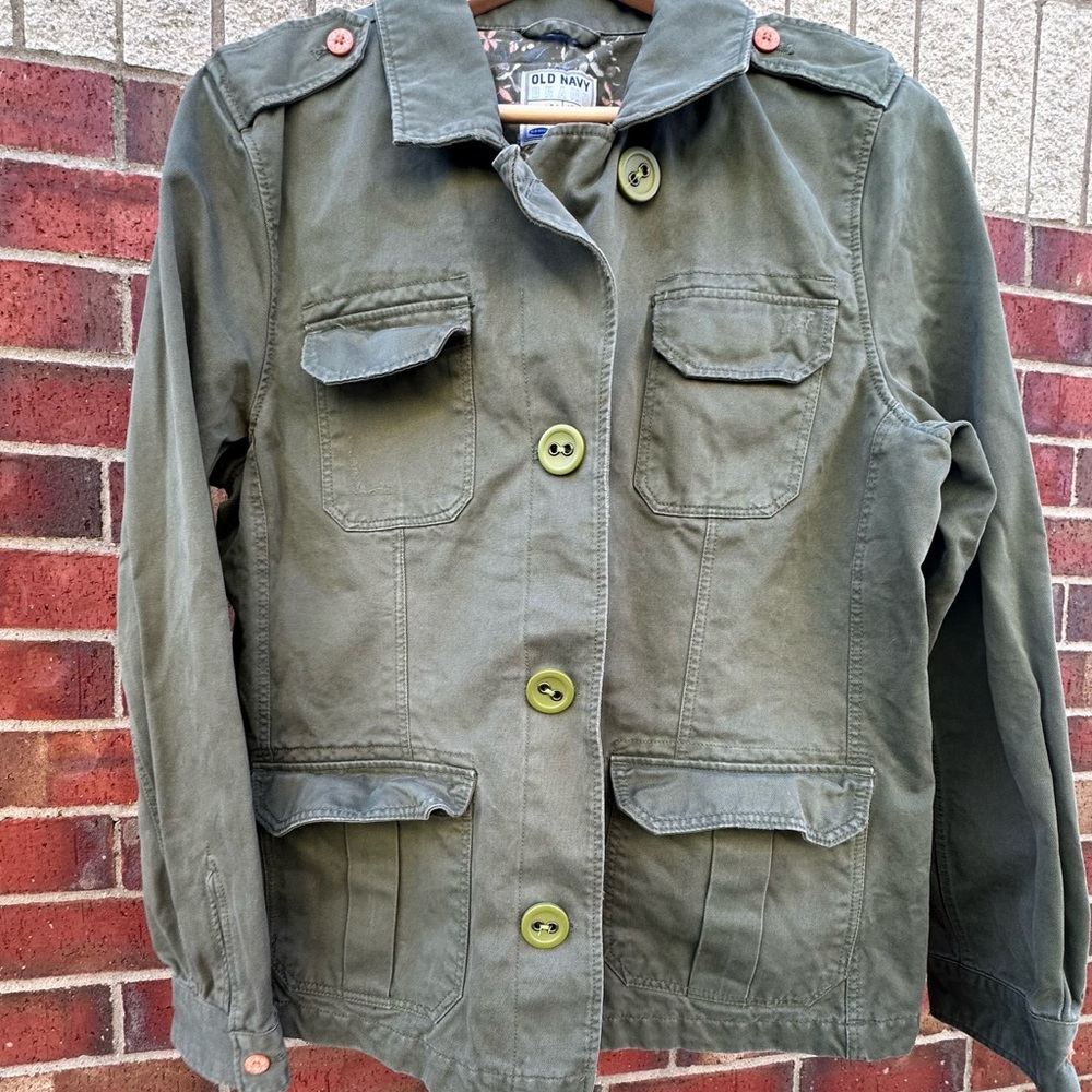 Old Navy Khaki Green Utility Barn Jacket Button-Up Military Floral Streetwear